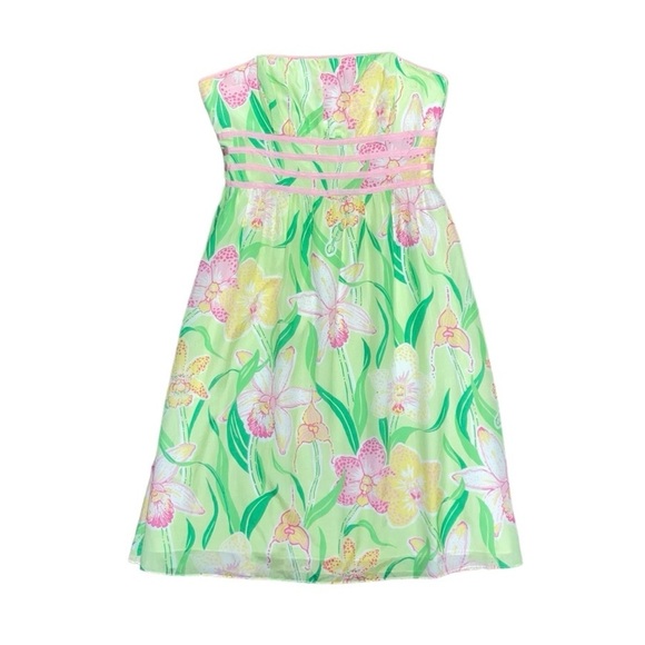 Lilly Pulitzer Dress Women's Size 8 US Green Pink Floral Silk Cotton Strapless‎ - Picture 1 of 10
